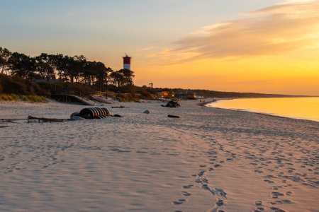 View of sandy beach of Baltic sea on Curonian Spit at sunset. Village Lesnoy. Kaliningrad region. Russiaの写真素材