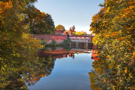 Outdoor cafe above surface of lake next Tower Dona in Kaliningrad. Russiaの写真素材