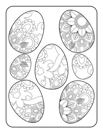 Easter egg coloring page. Happy easter day coloring page. Black and white easter egg coloring book page. Easter egg vector outline illustration. Easter egg hand drawn line art.のイラスト素材