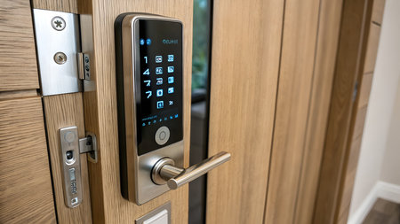 Close-up view of a door lock with a smart watch appの素材