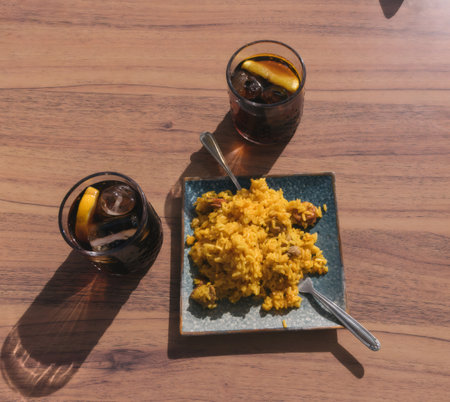 Spanish paella and refreshing drinks on wooden tableの写真素材