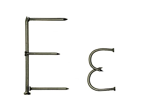 Uppercase and lowercase letters "E e" hand-made of iron nailsの写真素材