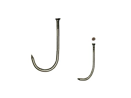 Uppercase and lowercase letters "J j" made of iron nails on whiteの写真素材