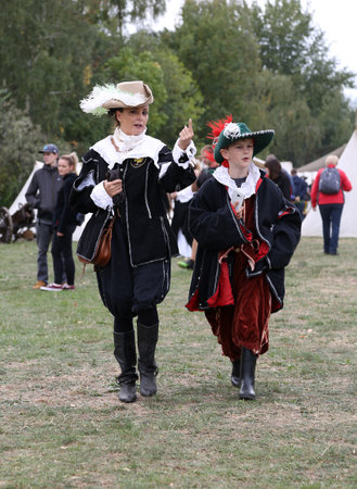 Reconstruction of the Battle of White Mountain in 1620 in Prague. Mother and son in 17th century...