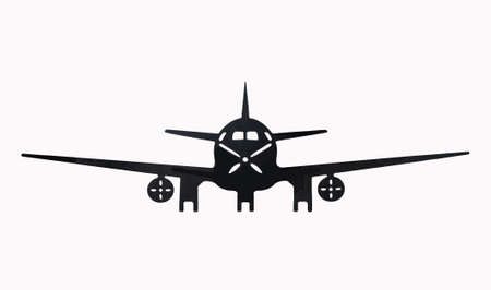 The black silhouette of a twin-engine passenger aircraft with extended landing gear. Isolate on a white background.の写真素材