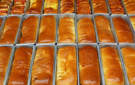 rows of long loaves in traysの写真素材