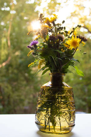 Bouquet of wild flowers in a transparent glass vase. Sunny day. home interior. Thistles, dandelions and dried flowers. Beautiful wallpaper for your desktop.の写真素材