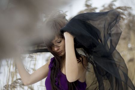 Picture of a beautiful brunette girl in the reedの写真素材