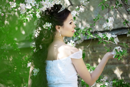 The image of a beautiful bride in a blossoming garden の写真素材
