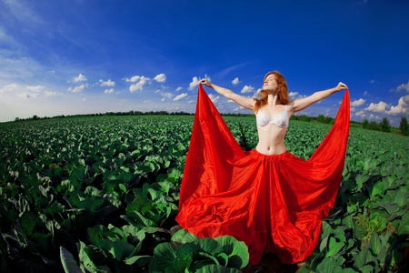 The image of a beautiful girl in a fieldの写真素材