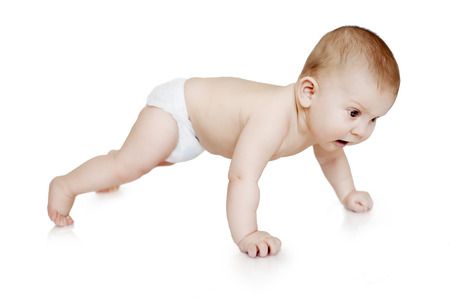 Baby sports. Child making push ups. Kid is engaged in fitness on a white background. Newborn doing exercises in the gym. lifestyle, training concept.の写真素材