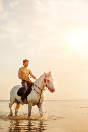 Macho man and horse on the background of sky and water. Boy model, cowboy on horseback on the beach by the sea at sunset. Men, backlit in sunshine. A positive summer time scene.の写真素材