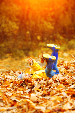 Little boy on background of autumn park. Child with a maple leaf. Fall scene.の写真素材