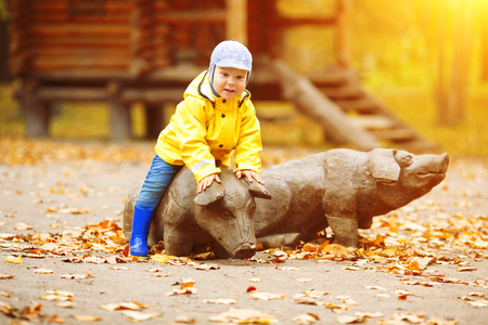 Little boy on background of autumn park. Child with a maple leaf. Fall scene.の写真素材