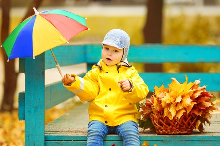 Little boy on background of autumn. park with rainbow umbrella in hands. Child with a maple leaf. Fall scene.の写真素材