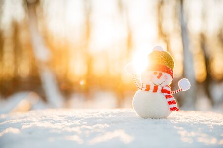 Snowman in winter wonderland scene. Christmas, New Year postcard design. Wintertime magic. Snowman in december snow at sunsetの写真素材