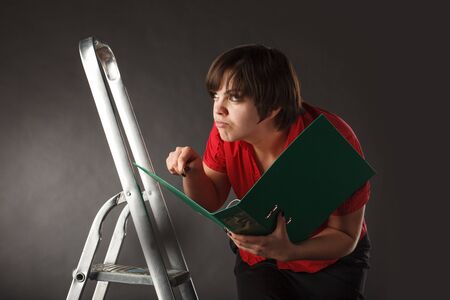 Businesswoman on the ladder of success. Career growth, victory over colleagues and competitors....