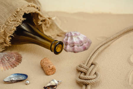 Seafood on a background of sand. Background about sea, ocean or tourism. About sailors, captains, underwater inhabitants. pirate treasures.の写真素材