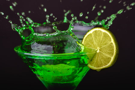 Green drink in a glass. Green water or limnad. A splash of green liquid similar to absinthe. Alcohol and alcoholism.の写真素材
