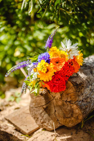 A multi-colored bouquet of wildflowers. Chamomile, cornflowers, calendula, poppy seeds. Flowers are like a rainbow. Bright summer bouquet. spring flowering.の写真素材