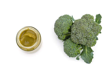 Broccoli as baby food. Healthy vitamins in vegetables. Fresh green complementary foods.の写真素材