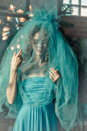 Elegant woman in a long vintage blue dress. Fabulous girl. Cover of a love story.の写真素材