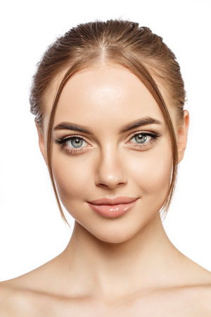 Beauty young woman with clean glowing fresh Close-up Skin on face. Beautiful elegance Girl facial treatment. Lady with perfect smooth skin. Concept of natural beauty, skin care, plastic surgery, spa, cosmetology, cosmetics.の写真素材