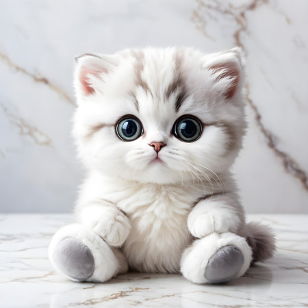 Cute little kitten with blue eyes on a white marble background.の素材
