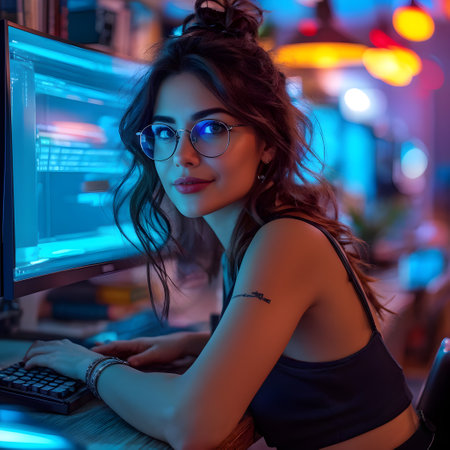 Portrait of a beautiful young woman working on a computer at night.の素材
