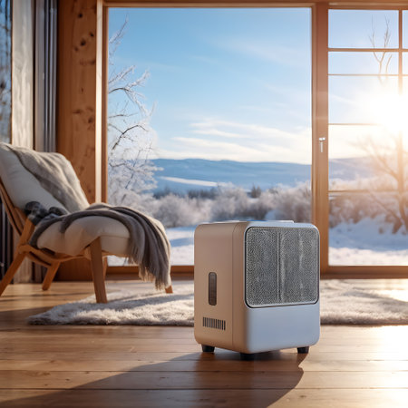 The interior of the room with a view of the winter landscape with an infrared heater on the floorの素材