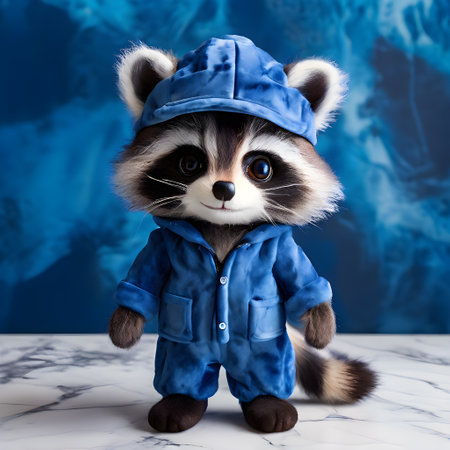 A faux fur raccoon toy in a blue jumpsuit stands on a marble tableの素材