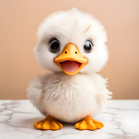 Cute faux fur toy little duckling on a white marble table on a beige backgroundの素材