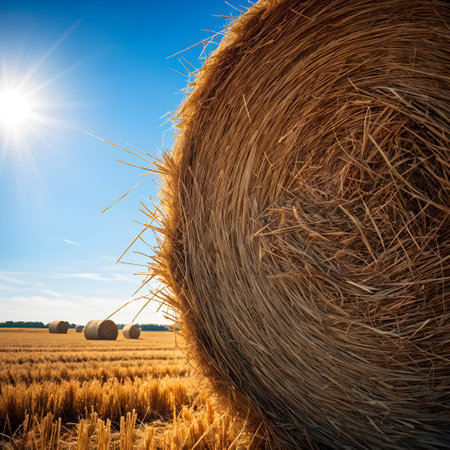Straw bales on a wheat field with sun in the backgroundの素材