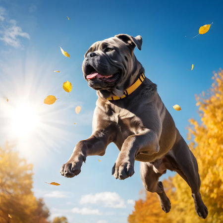 Cane Corso dog jumps on autumn leaves against a background of blue sky and autumn landscapeの素材