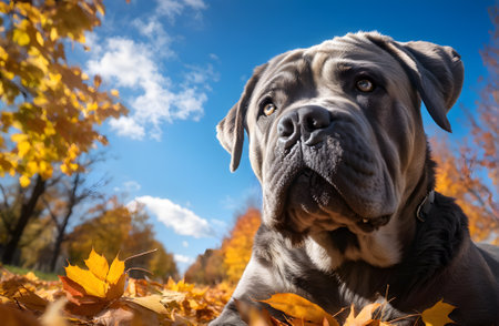 Portrait of a black Cane Corso dog in an autumn park with yellow leavesの素材