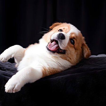 Portrait of a cute Bernese mountain dog lying on black backgroundの素材