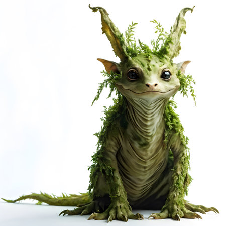 A fabulous mythical character in the form of a forest dweller with a toad's head and horns on a white backgroundの素材
