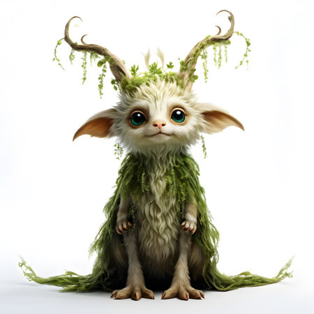 A fabulous mythical character in the form of a funny forest elf with horns on a white backgroundの素材