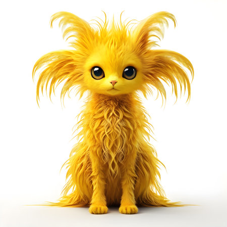 A fabulous mythical character in the form of a yellow cat with a shaggy head on a white backgroundの素材