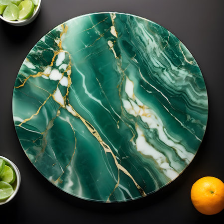 Top view of a green marble stand in the form of a round plate on a black backgroundの素材