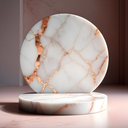 Round stone stand made of pink and white marble with gold veinsの素材