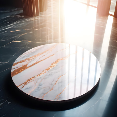 Top view of a round stone stand made of white marble with gold veinsの素材