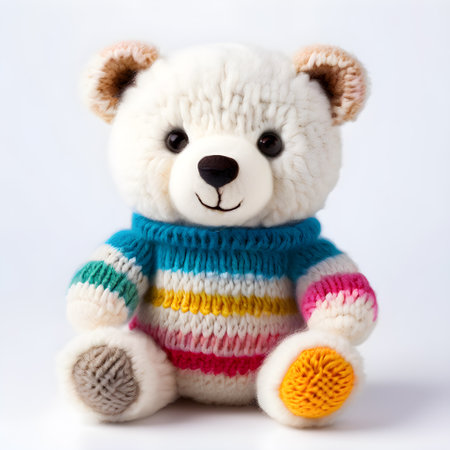 A cute knitted teddy Bear made of multicolored woolen threads sits on a white tableの素材