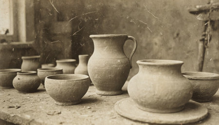 Vintage photography of clay pots and vases, created with sepia effect. The image conveys the atmosphere of antiquity and craft. Ideal for retro and rustic projects.の素材
