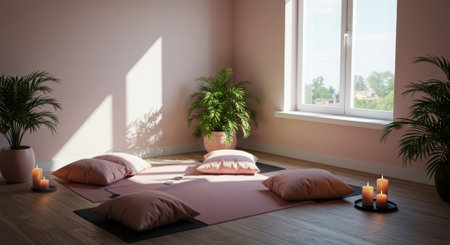 A peaceful meditation space with pillows and plants, illuminated by sunlight and candles.の素材