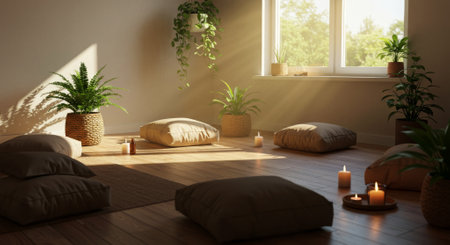 A peaceful meditation space with pillows and plants, illuminated by sunlight and candles.の素材