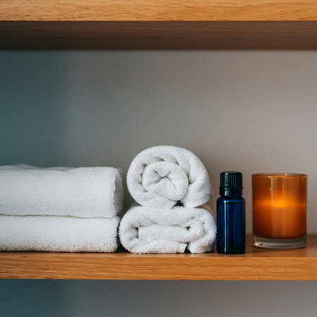 Spa accessories in the form of a towel in a stack and essential oil in a bottle on the shelf for the detox program. Minimalistic background.の素材