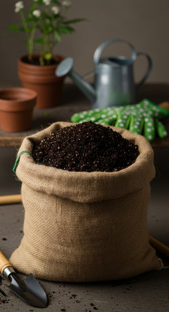 A bag of fertile soil for planting plants on the background of garden tools.の素材