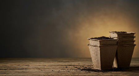 Peat pots filled with fertile soil arranged on a wooden table, space for text.の素材