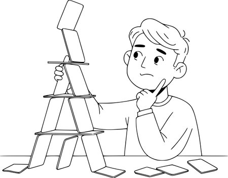 The person is trying to build a house of cards, which constantly collapses, symbolizing the fragility of their hopes and the lack of stability.のイラスト素材